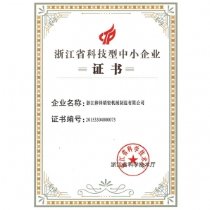 Certification of Zhejiang Provincial Science and Technology Small and Medium Enterprises issued by Zhejiang Provincial Science and Technology Department